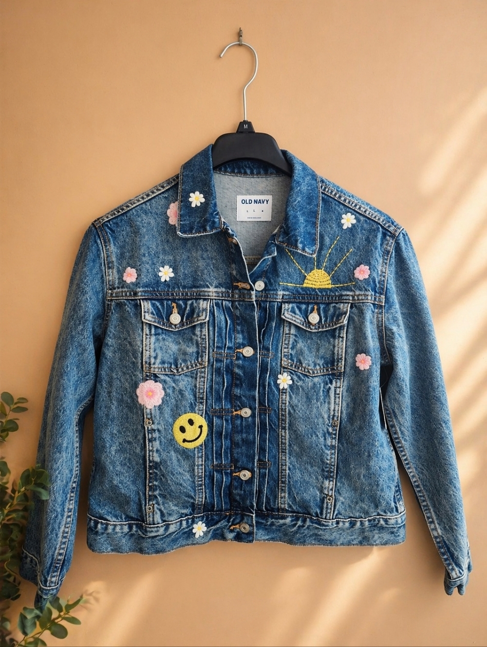Old Navy Girls' Blue Denim Jacket with Floral & Sun Embroidery